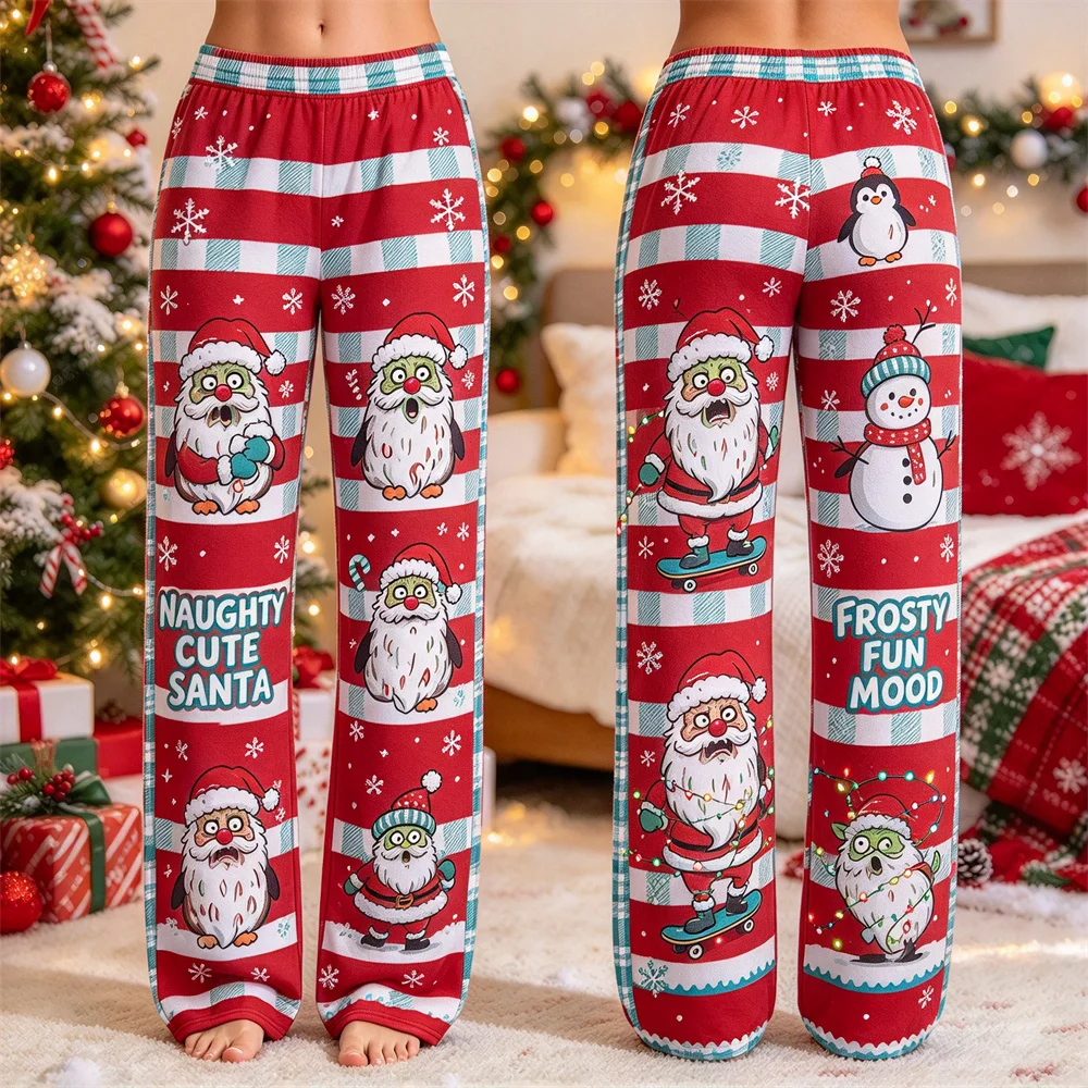 Women Vintage Plaid Christmas Graphic Long Pants Santa Snowman Loose Sleep Trousers Soft Lightweight Home Loungewear For Holiday