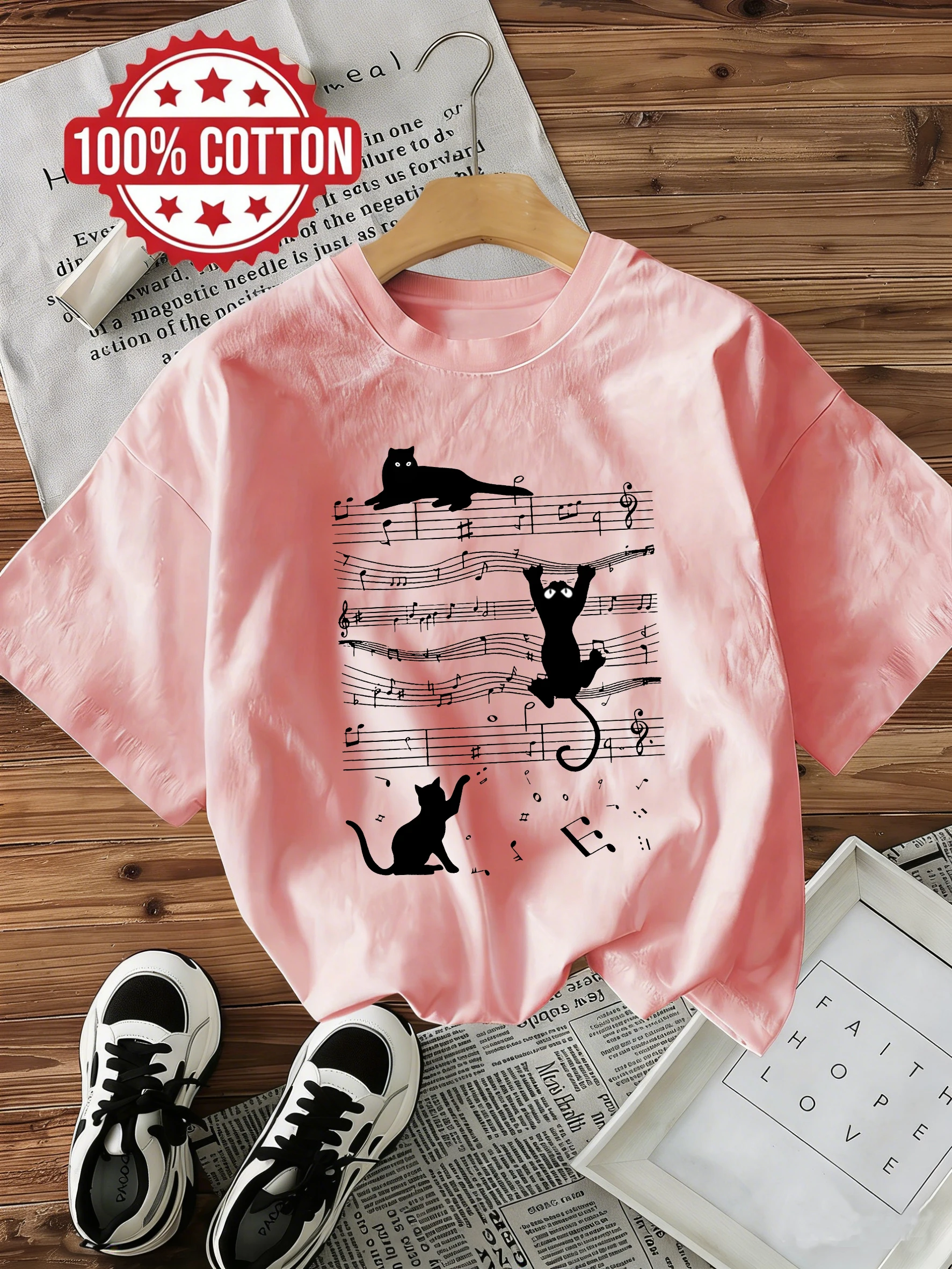 Women's 100% Cotton T-Shirt Y2k Style T-Shirt Graphic Funny Music Cat Print Short Sleeve Crew Neck Top Shirt Casual