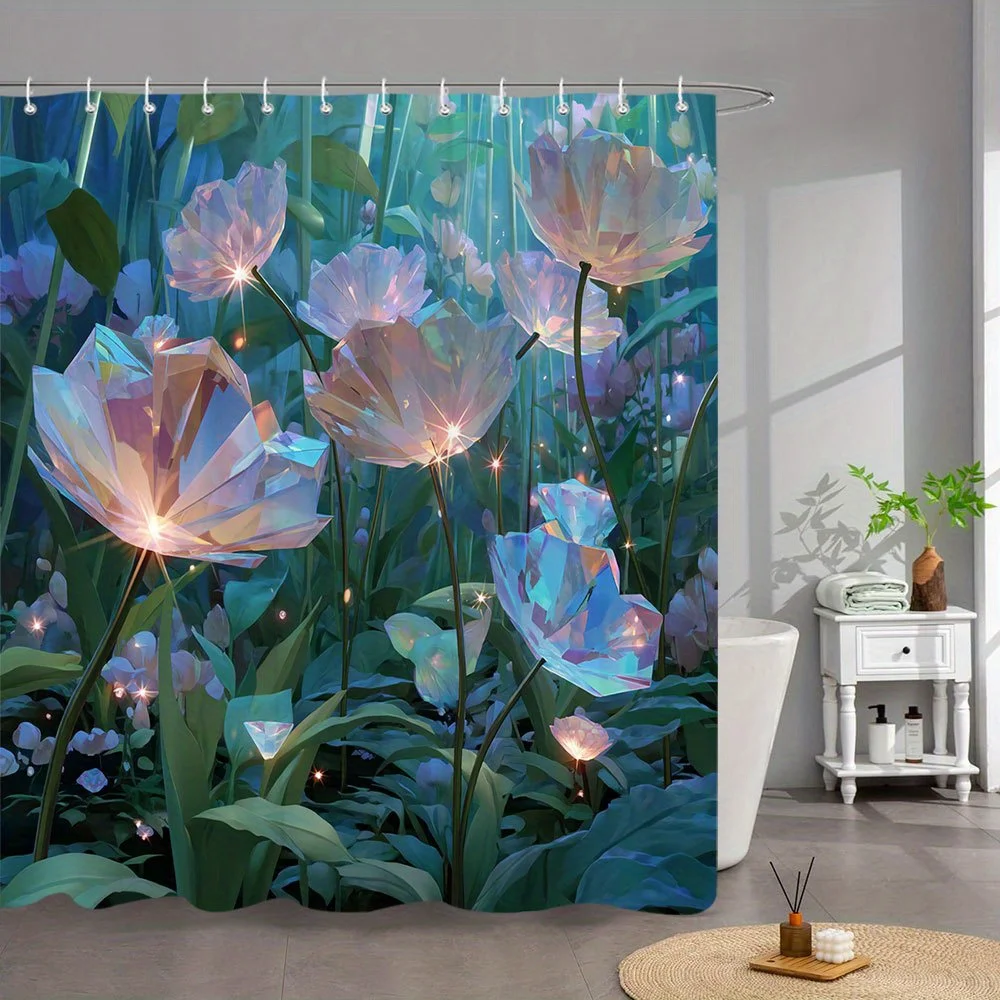 

1pc Crystal Garden Bath Curtain - Enchanted Fantasy Design with Translucent Diamond Flowers in Pink, Blue & Purple, Magical Glow