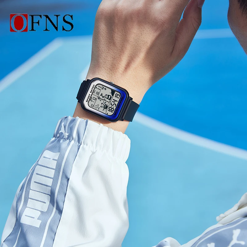 OFNS Fashion Men\'s Electronic Sports Watch Rectangular Dial Design Digital Movement New Timing Code Watch Men Lady Student Watch