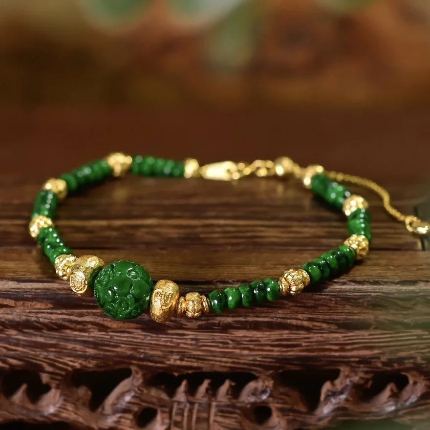 Natural Grade A Dry Green Jadeite Carved Ball Bracelet, Gold Plated S925 Silver Adjustable Chain Women Wrist Jewelry