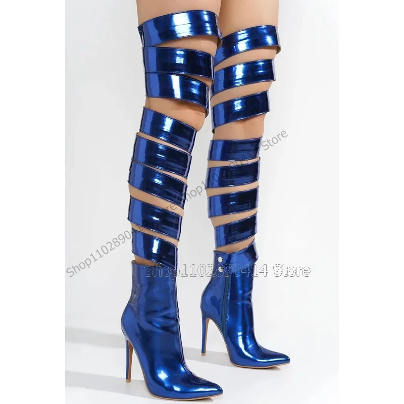

Blue Hollow Design Pointed Toe Patent Leather Boots Side Zipper Women Shoes Thin High Heels Sexy Runway 2023 Zapatos Para Mujere