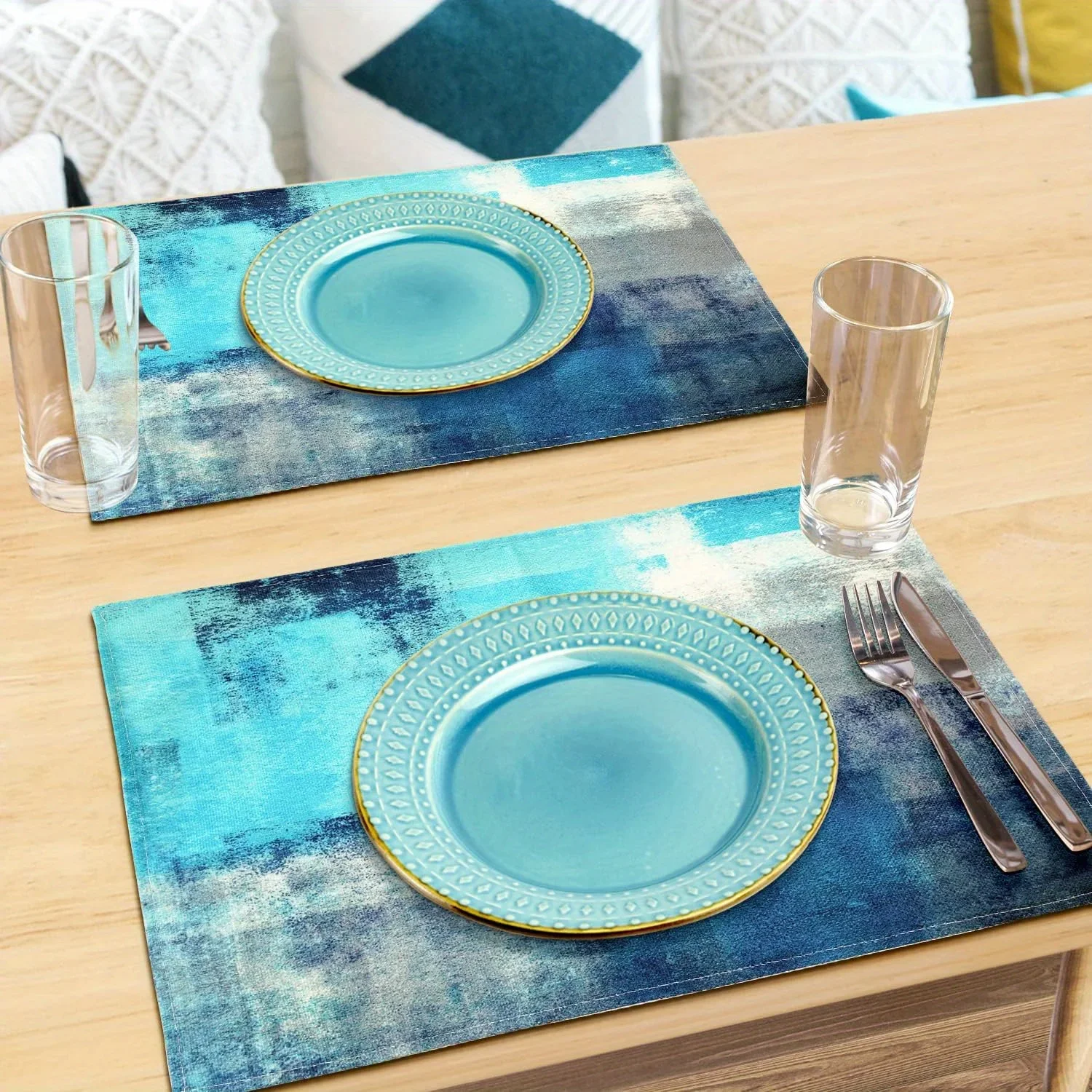 4/6pcs Turquoise & Grey Placemats – 12x18in Modern Art Heat Resistant Non-Slip Table Mats for Kitchen & Dining Room Decor