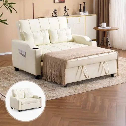 Beige Futon Sofa Bed Convertible Loveseat Sleeper Couch, Faux Leather Pullout Sofa Fold Out Couch Bed with USB Ports