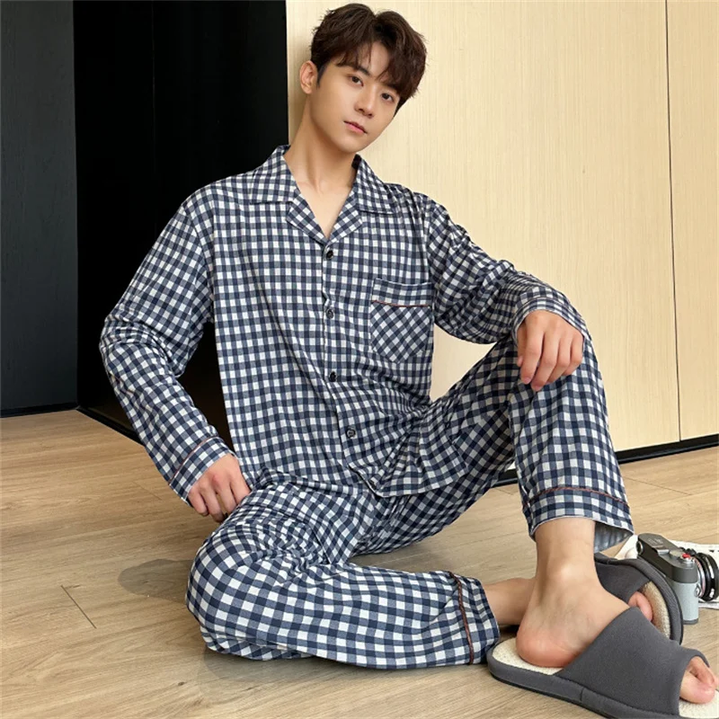 Spring Autumn Men\'s Thin Printed Pajamas Lapel Long Sleeve Cardigan Pants Two Piece Set Oversized Casual Home Clothing