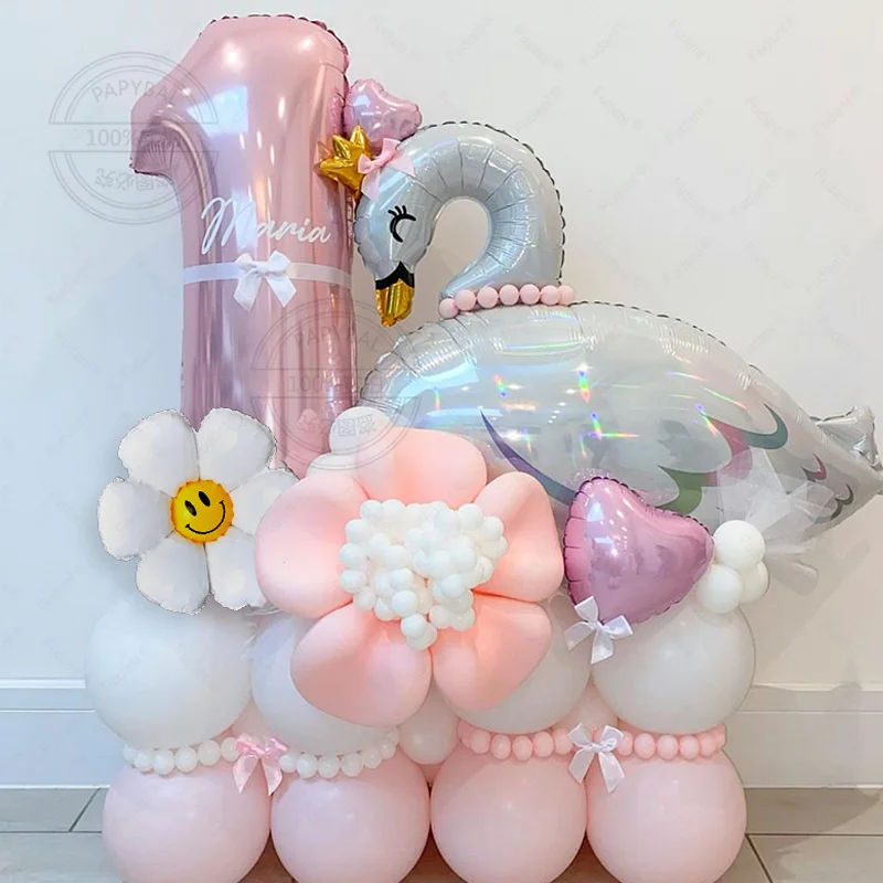 

48Pcs Pink White Macaron Latex Balloons Set with Daisy Swan Foil Globos for Girl Birthday Baby Shower 1-9 Year Party Supplies