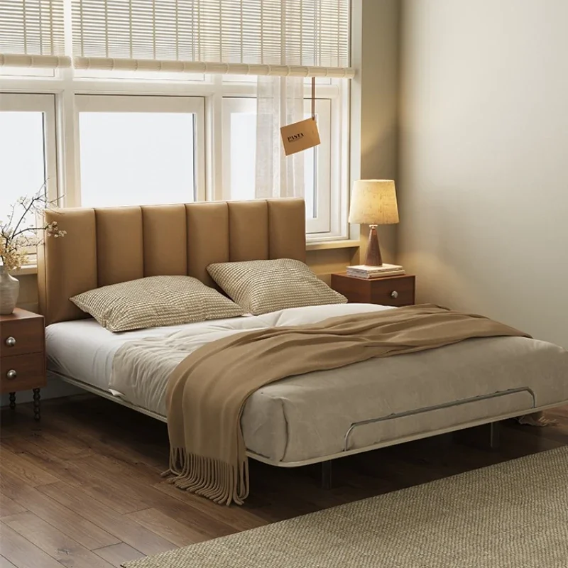 

French cream wind leather bed, master bedroom suspended carbon steel bed 1.8 meters double bed iron frame bed