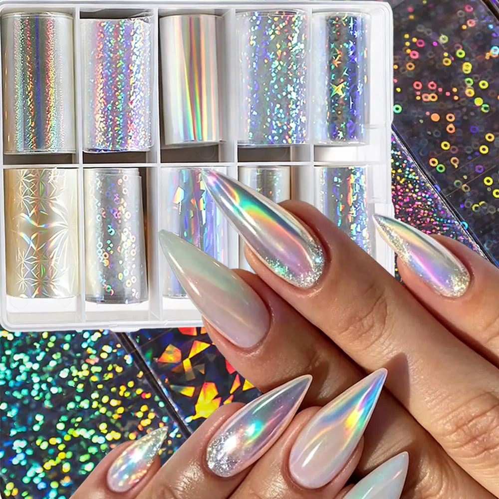 10 Rollen Klare Aurora Nagel-Transferfolie Aufkleber Laser-Glas-Fragment Sternenhimmel Nagelsticker Holographische Schillernde Stern-Nageldekoration