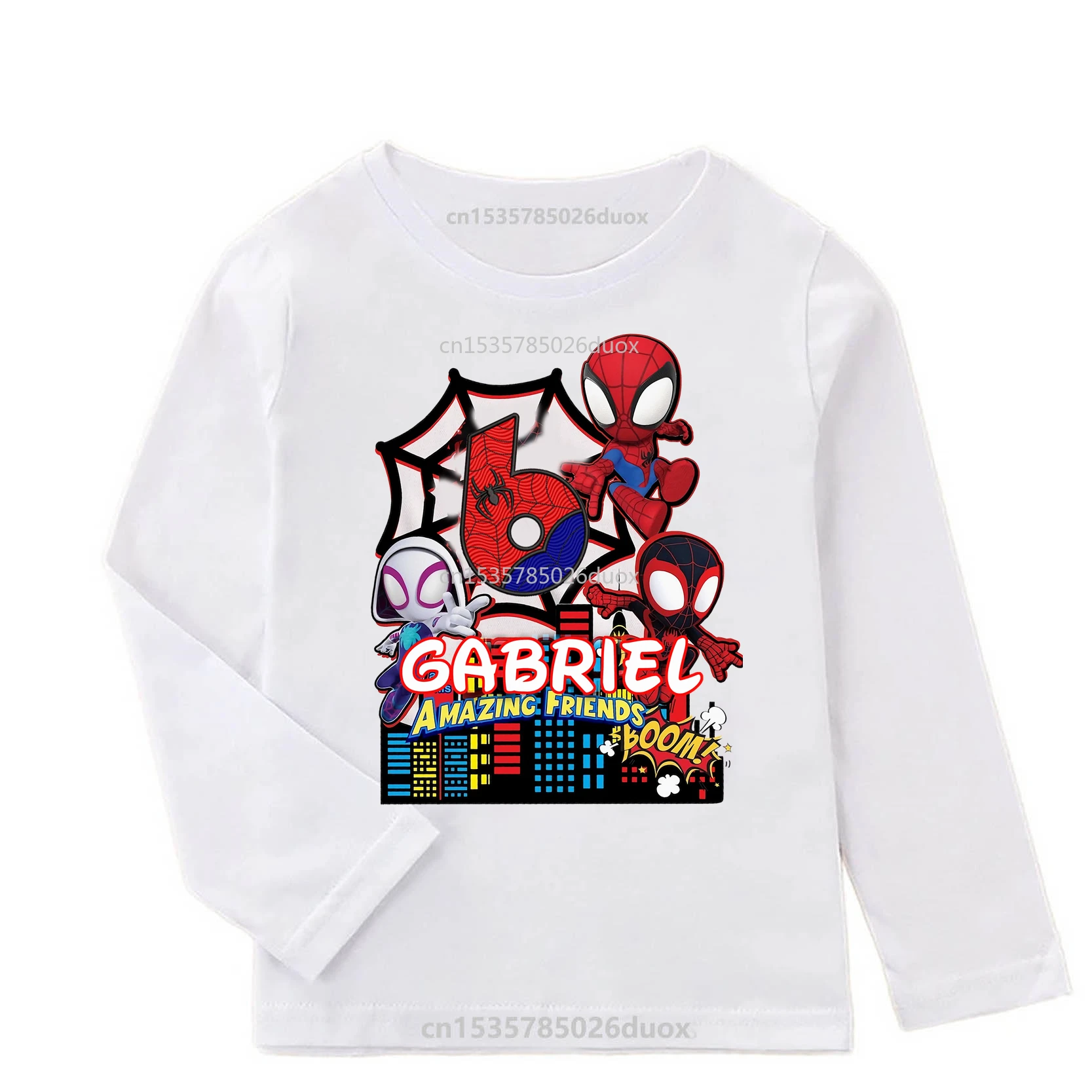 Spider-Man and His Amazing Friends Birthday Boy Long Sleeve T-shirt 3 4 5 6 7 SpiderMan Personalized Name Autumn Bottoming Shirt