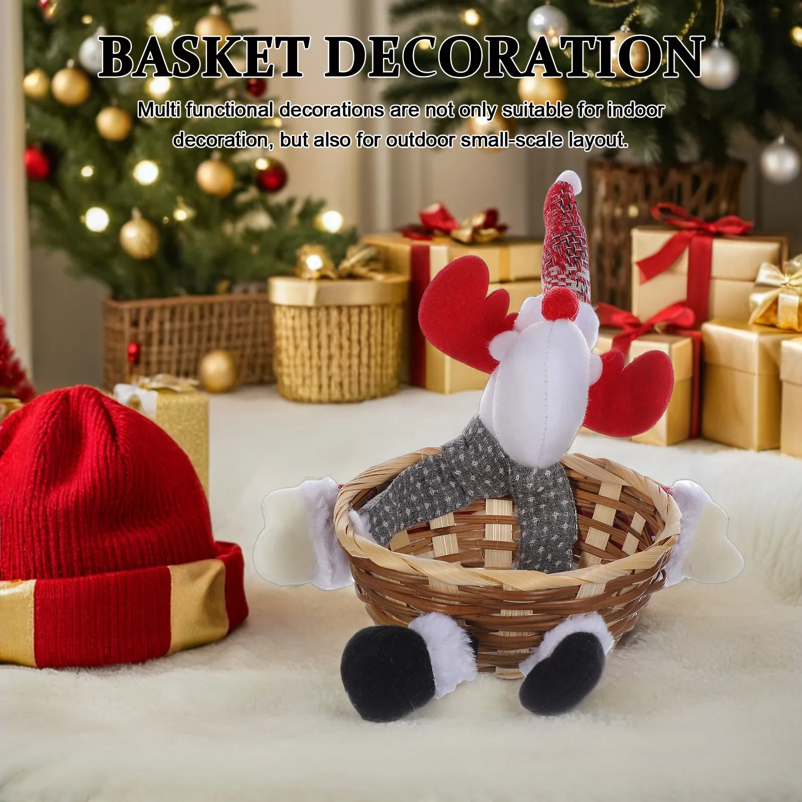 Christmas Storage Basket Reindeer Motif Woven Bamboo Candy Dish Snack Bowl Holiday Party Treat Holder Christmas Serving Bowl