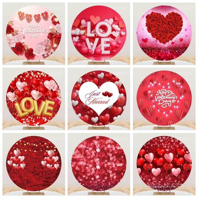 14 فبراير عيد الحب غطاء خلفية مستديرة الأحمر القلب عاشق الذكرى حفلة التصوير خلفية كعكة ديكور للطاولات الدعائم