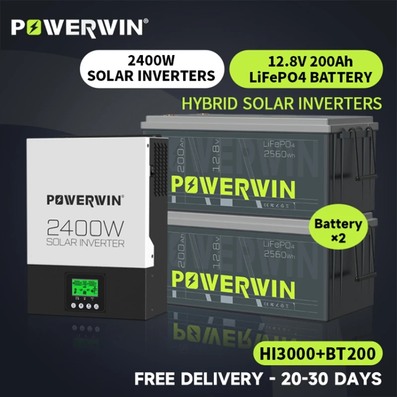 

POWERWIN BT200 12V 200Ah/2560Wh LifePO4 HI3000 Hybrid Solar Inverter Pure Sine Wave 2400W 24V 80A MPPT Off-grid LCD 12V Battery