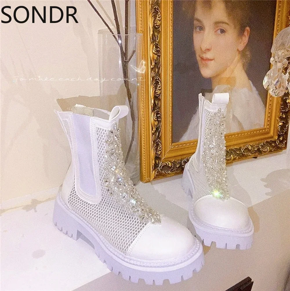 Womens Round Toe Mesh Rhinestones Crystal Ankle Boots Sandals Breathable Shoes White Girls X-mas Gift DIY Luxury