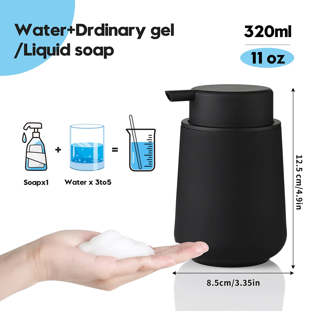 Matte Black Foaming Hand Soap Dispenser Plastic 11oz - Modern Minimalist Style for Bathroom & Kitchen Countertop Refillable