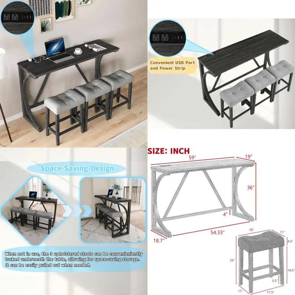 Elegante eetset in boerderijstijl op toonbankhoogte - Houten tafel met ingebouwd stopcontact en 3 comfortabele gestoffeerde krukken