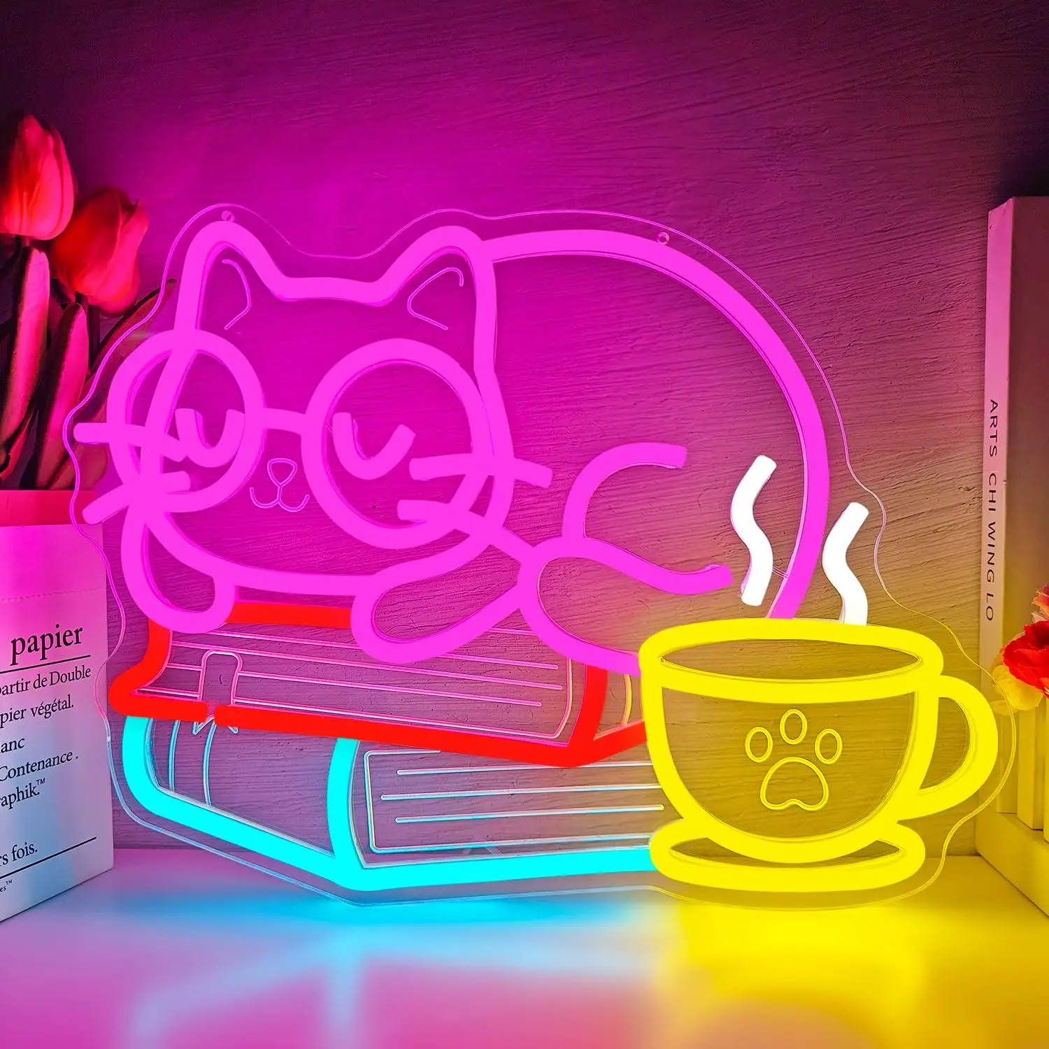 Letrero Luminoso de Neón con Gato Leyendo con Café, Agrega un Ambiente Acogedor y Caprichoso a Aulas, Bibliotecas, Rincones de Lectura y Espacios con Temática Kawaii