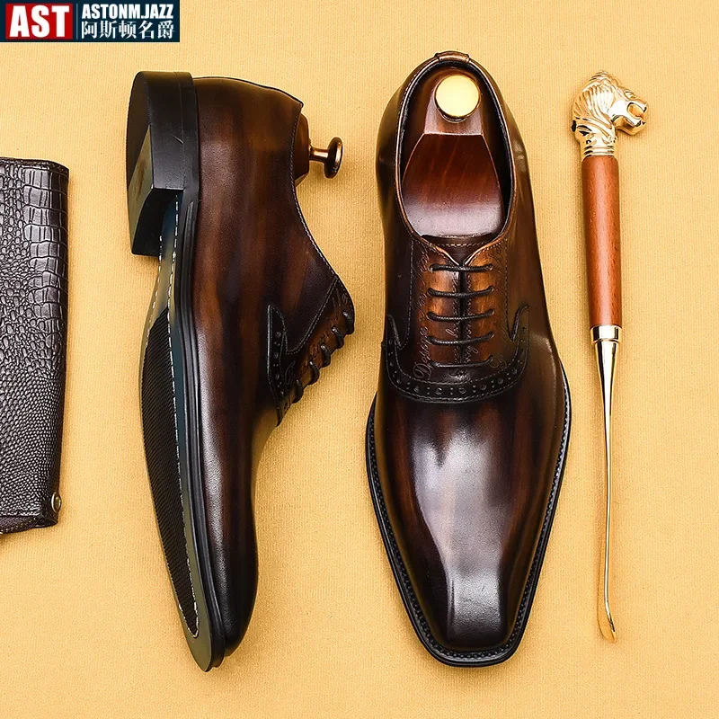 Luxury Brand Mens Formal Shoes Genuine Leather Handmade Vintage Design Oxford Full Grain Real Leather Male Office Shoes Size 46