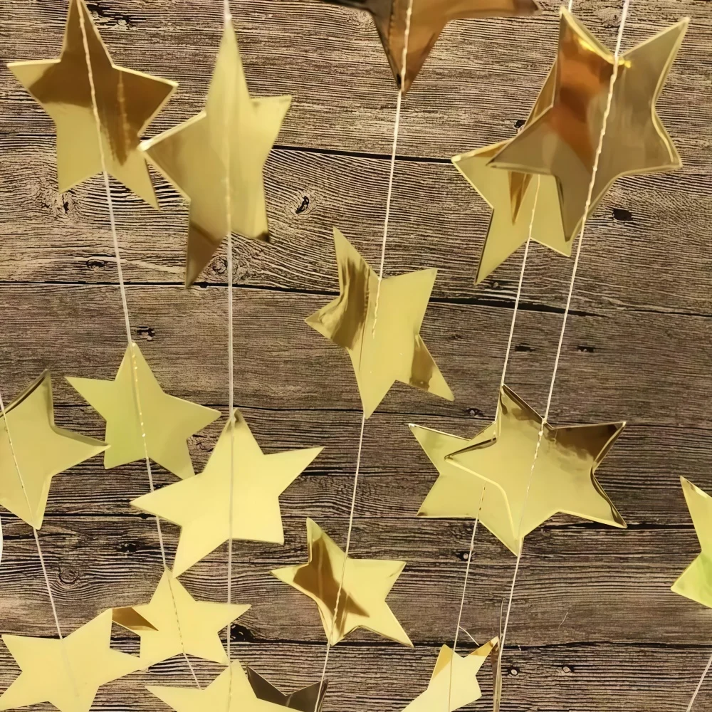 1 Stück 4 m x 7 cm glänzende Stern-Papiergirlande, Banner in Gold und Silber, Wimpelkette für Raumdekoration, Hochzeitsdekoration zum Aufhängen – Detail 3