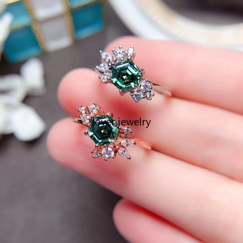 Hexagonal Green Moissanite Ring 925 Silver D Color  Rings for Women Fine Jewelry 1ct with Beautiful Color