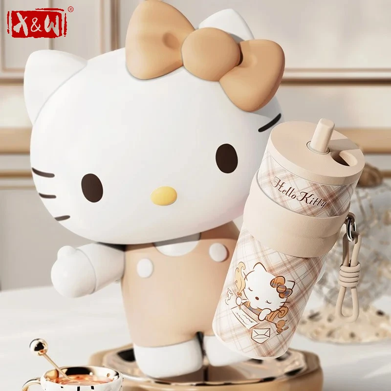 X&W Light Coffee Series Hello Kitty Thermos Mug 316 Stainless Steel Vacuum Flask Straw Cup Portable Outdoor Travel Ice Tumbler