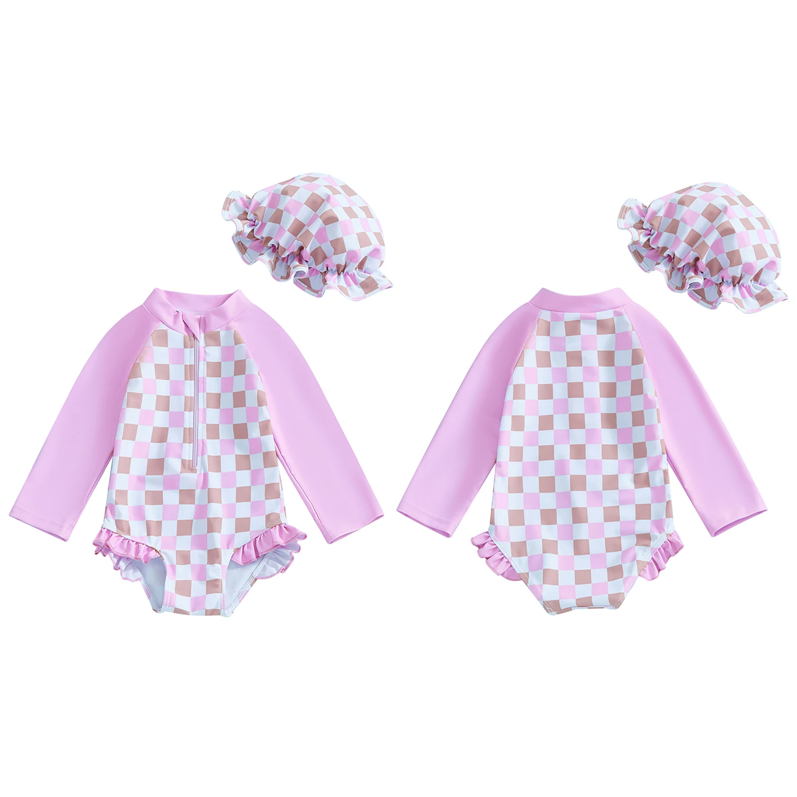 2025 New Toddler Baby Girl Rash Guard Swimsuit Long Sleeve Checkered Print Bathing Suit Infant Swimwear with Sun Hat