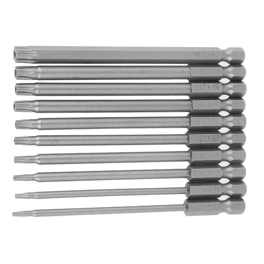 

Набор из 10 магнитных отверточных насадок Torx с шестигранным хвостовиком 1/4 дюйма, длина 100 мм, из легированной стали S2