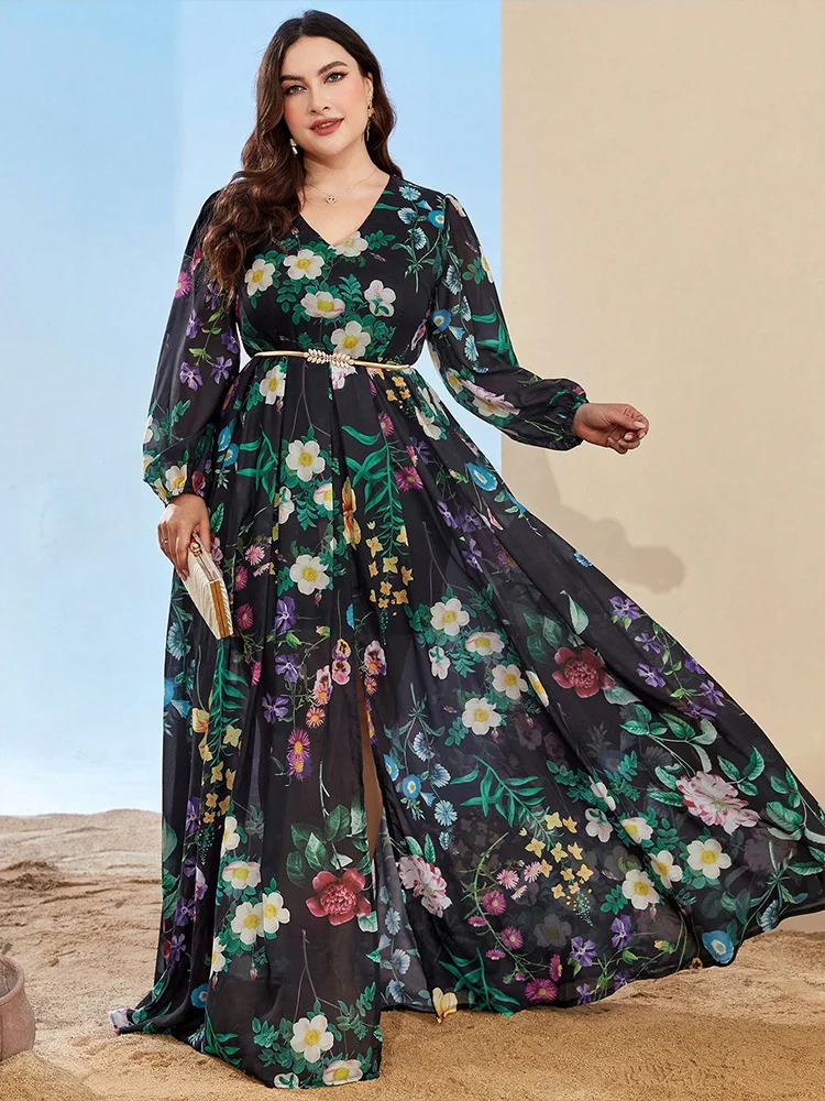 TOLEEN Women Plus Size Maxi Dresses Elegant Print Chiffon Dress With High Split Bohemian A-line Casual Fashion Bridesmaid Dress