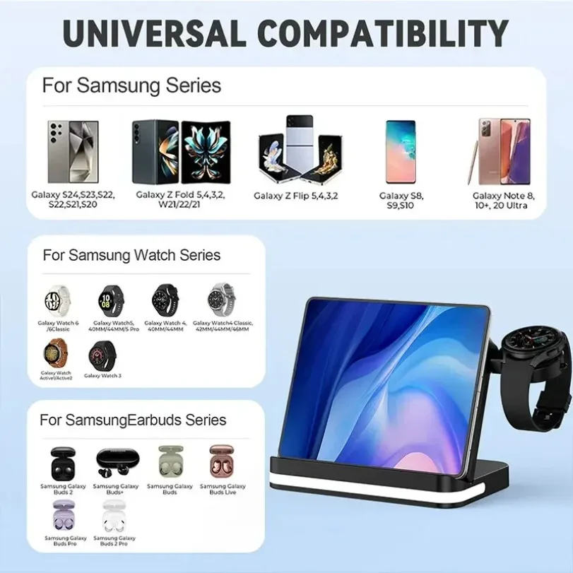 Para samsung estação de carregamento dobrável 3 em 1 carregador sem fio para samsung z fold 6 5 z flip6/5 s24 s23 galaxy watch 7-2 botões 3/2