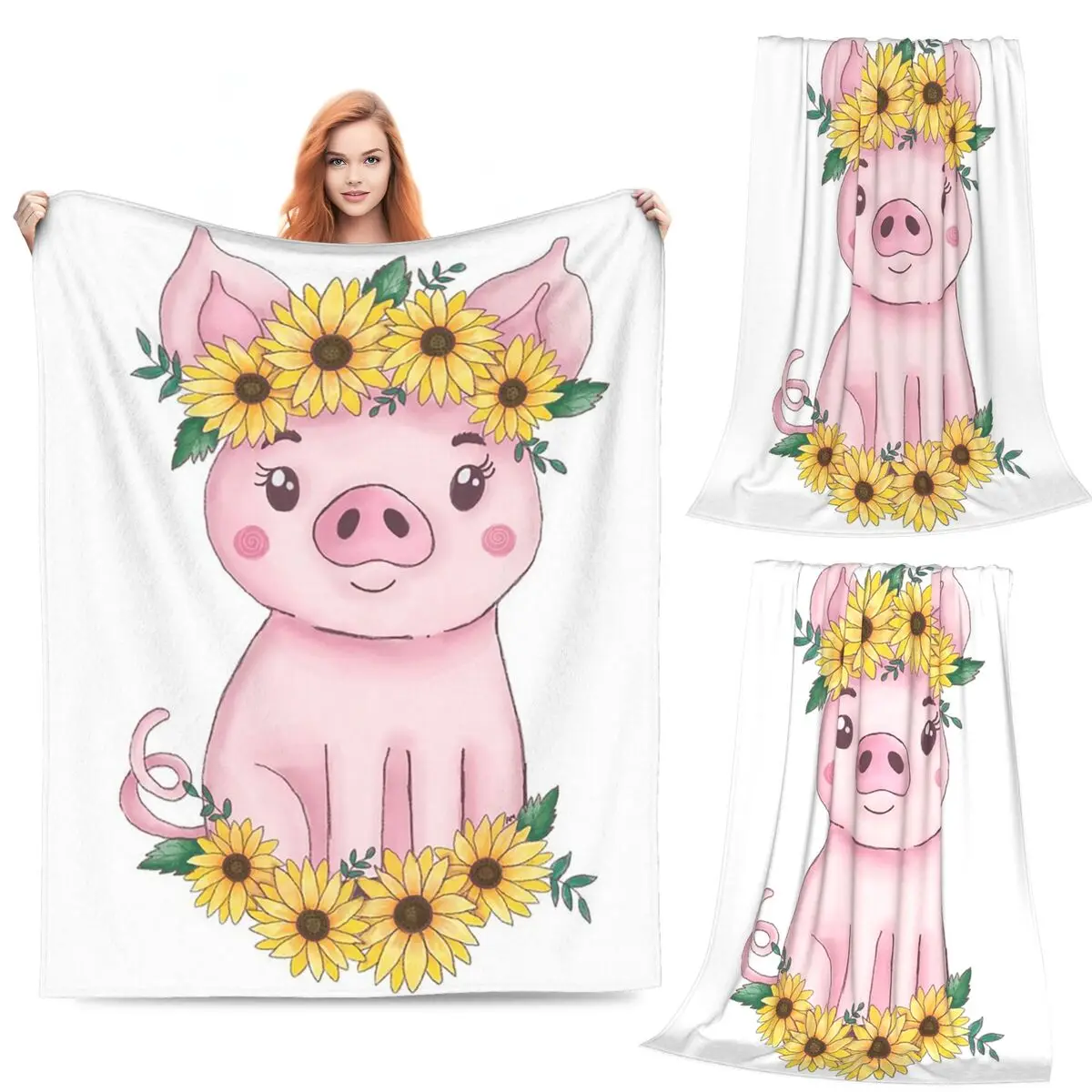 

Cute Sunflower Pig Blanket Flannel Sofa Throw Blanket Super Soft for Home Bedroom Office Throws Bedspread Quilt