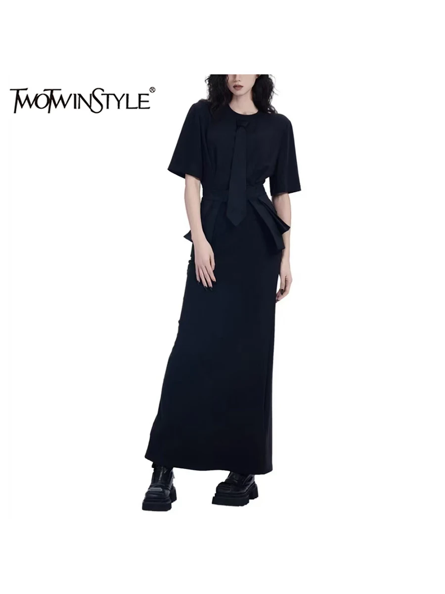 

TWOTWINSTYLE Solid Spliced Pearl Slimming Dresses For Women O Neck Long Sleeve High Waist Temperament Dress Female Fashion New