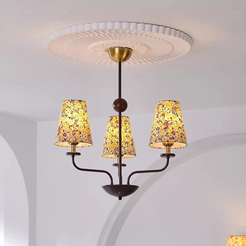 American retro floral master bedroom pendant light, fabric room light, French medieval garden style study lighting fixture
