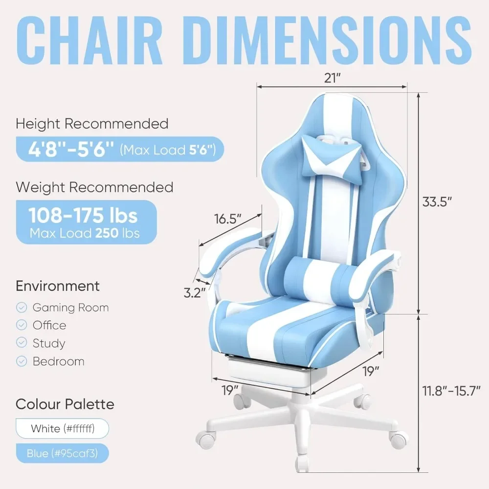 Gaming Chairs,Ergonomic Racing Style PC Game Computer Chair with Headrest Lumbar Support Adjustable Recliner PU Leather Video