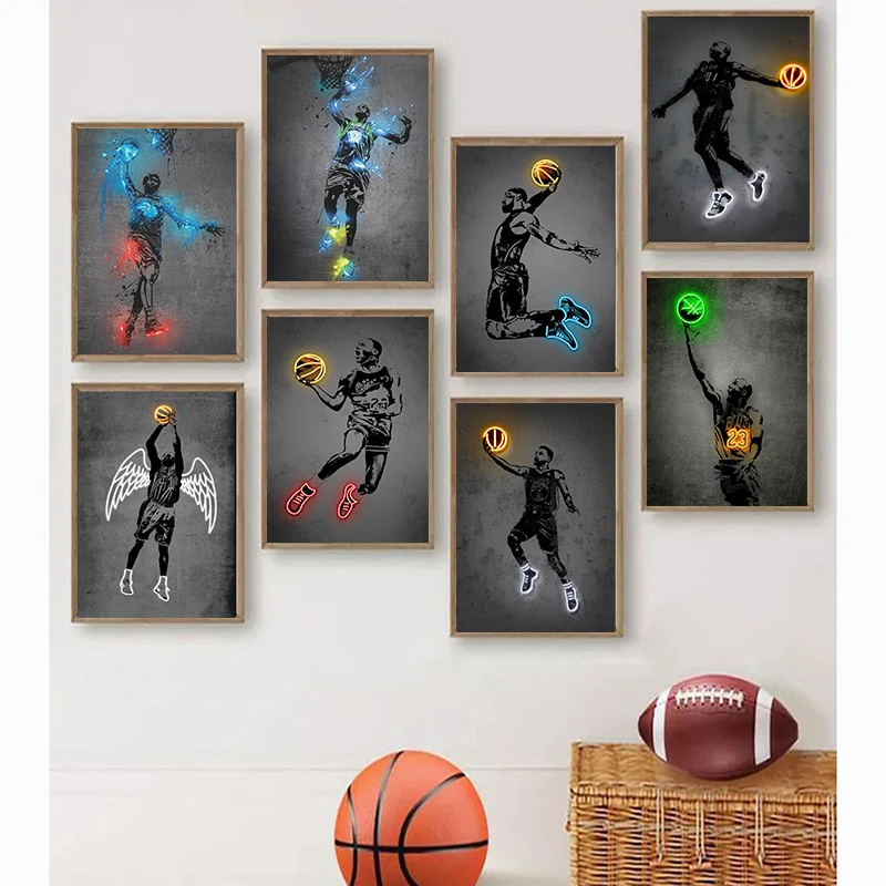 Glowing Poster Basketball Player Painting Canvas Art Neon Style Abstract Pop Wall Art Pictures Prints For Bar Home Decor