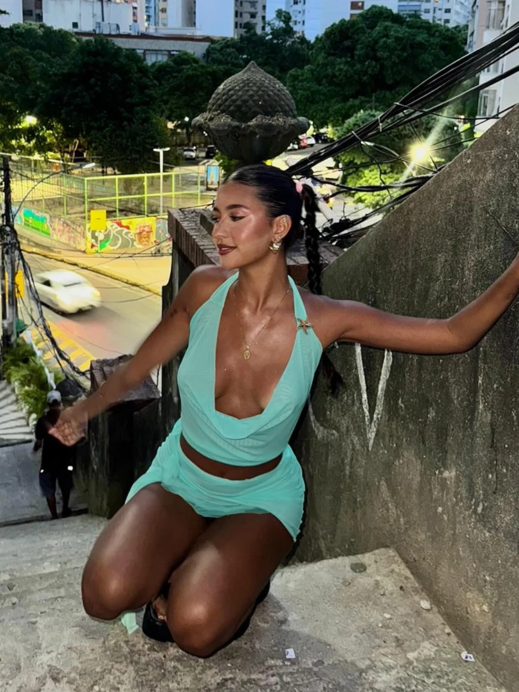 

Cutenew Mesh Holiday Women 2 Piece Set Solid Simple Halter Swinging Neck Crop Tanks+Ribbons Mini Skirts Female Matching Outfits