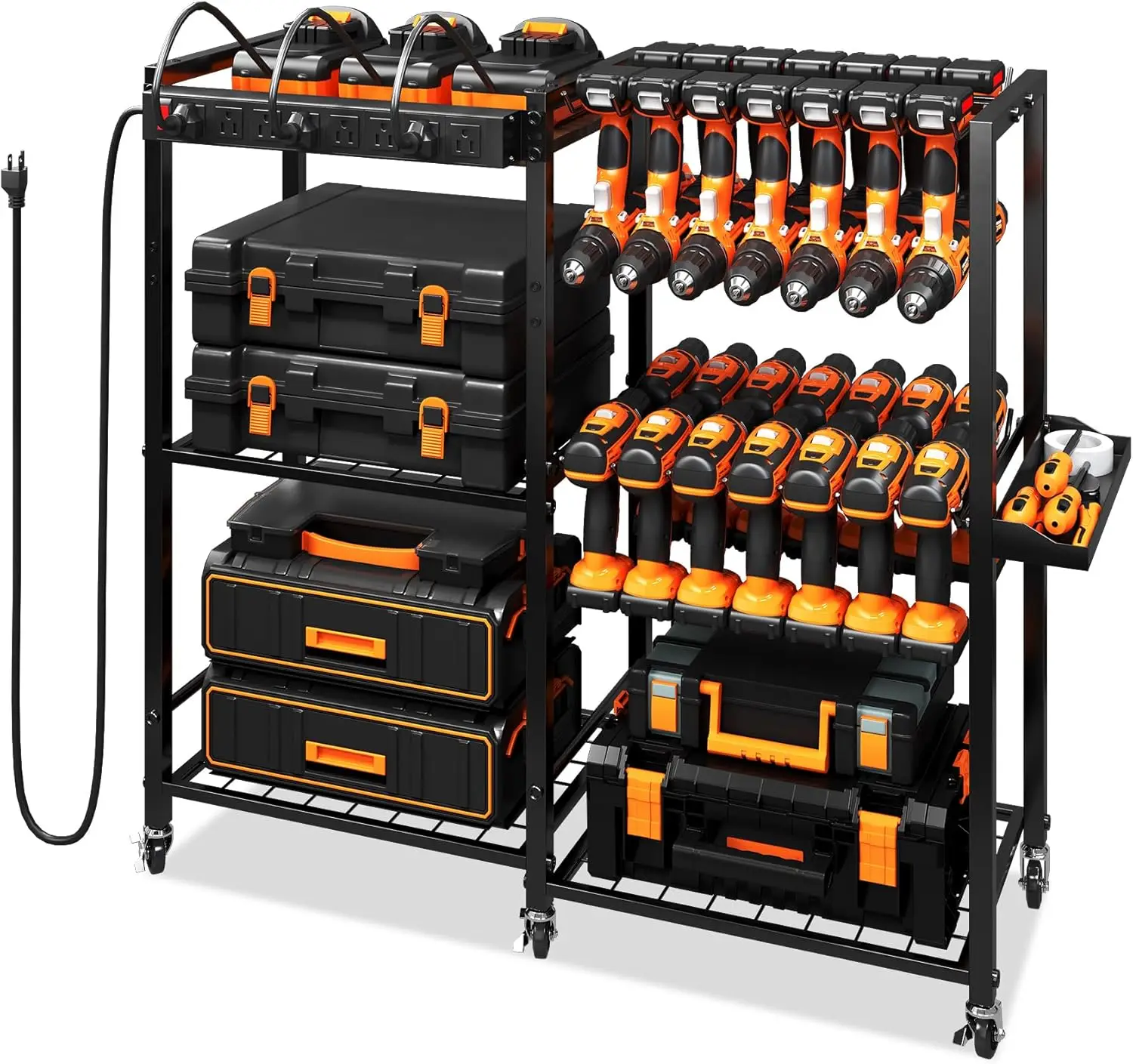 

Heavy-Duty Tool Organizer Cart with Charging Station, 28 Drill Storage Racks and Wheels for Garage Use