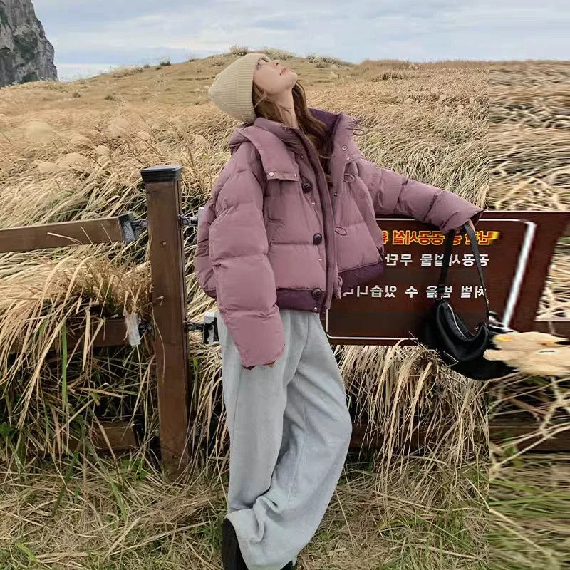 여성용 짧은 한국 스타일 보라색 멋진 배색 두꺼운 후드 겨울 재킷 신상 솜 패딩 옷