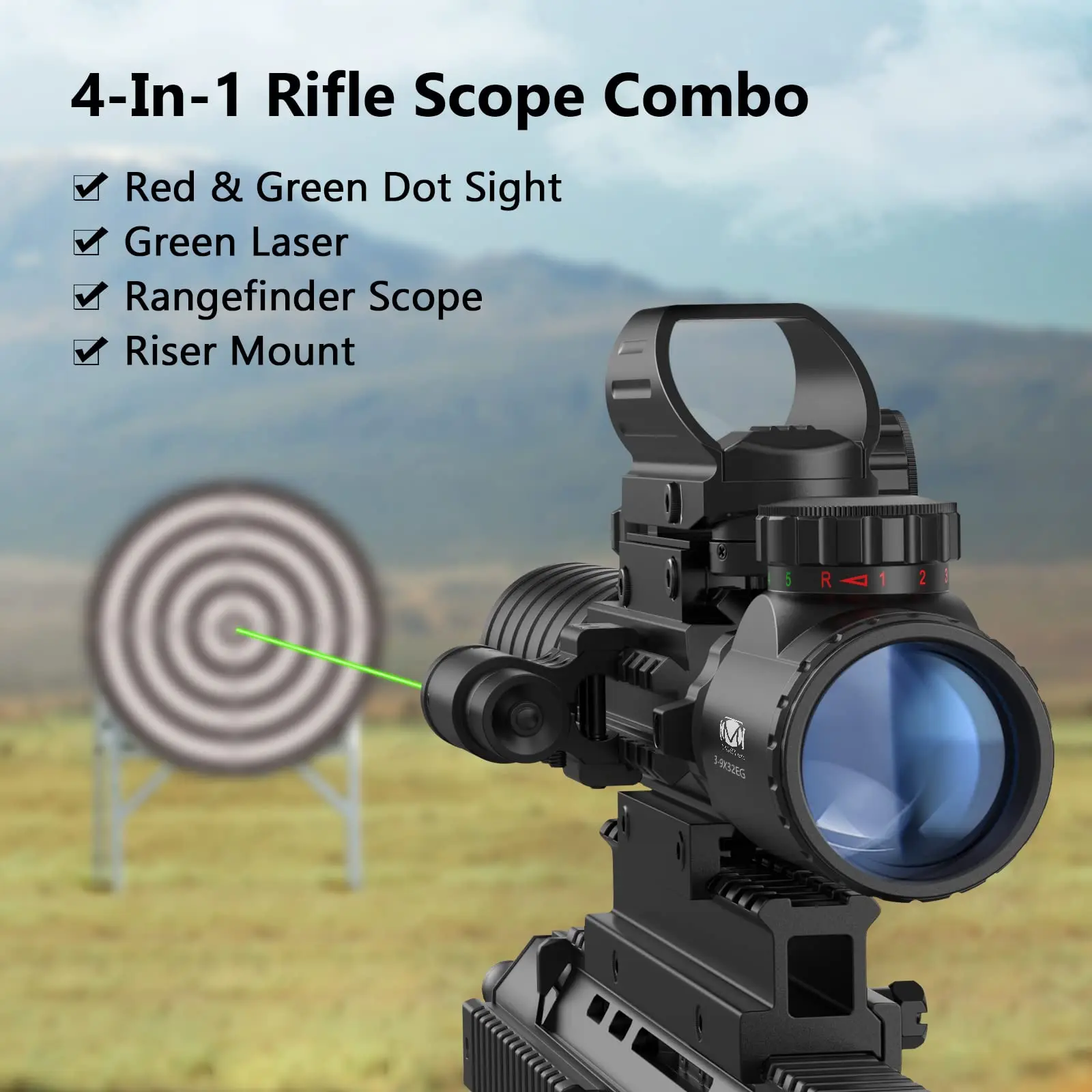 MidTen Riflescope Scope Combo 3-9x32 Set 4 Holographic Reticle Green Dot Sight IIIA/2MW Laser 20mm Mount Dual Illuminated Huntin