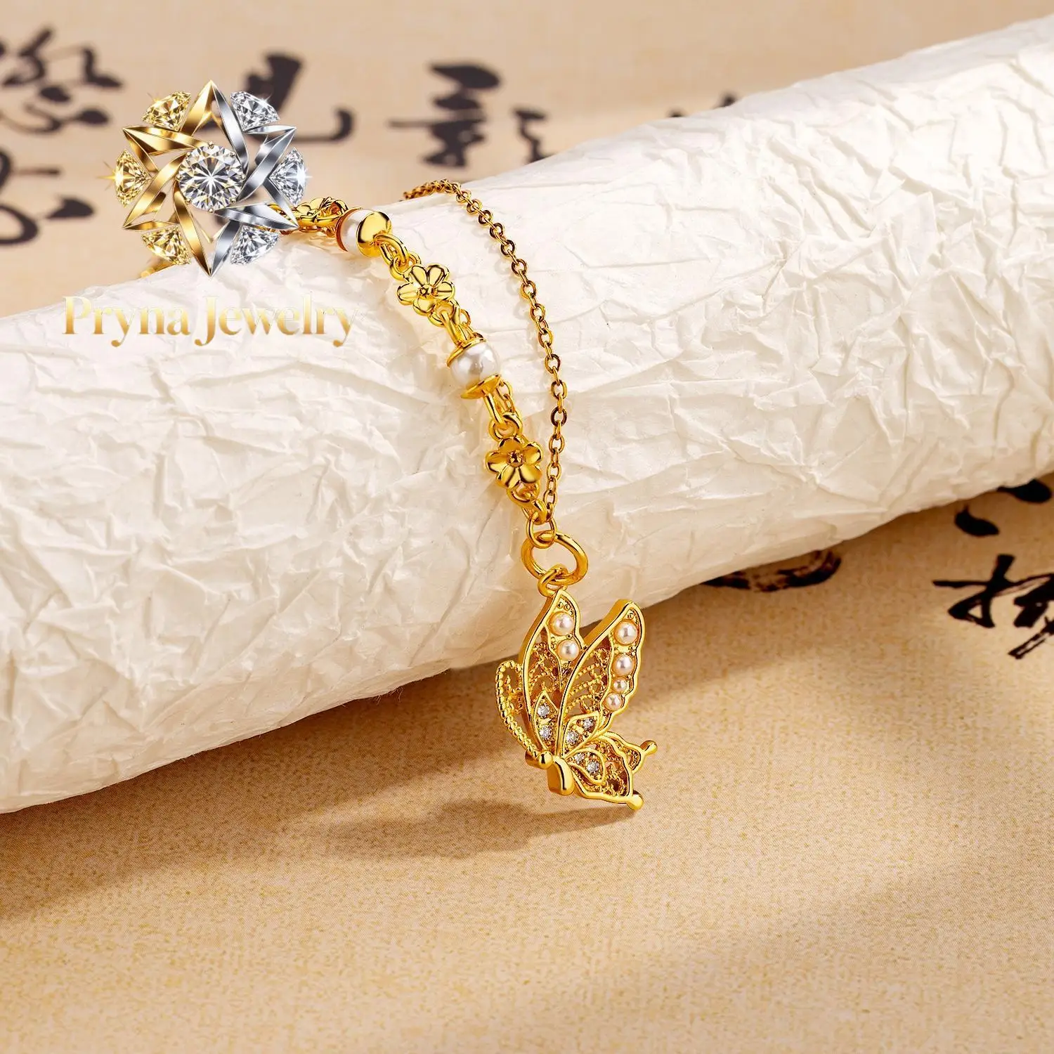

Pryna Jewelry Simple fashion 24K real gold Butterfly Pearl pendant necklace Feminine 999 pure gold light luxury luxury flower