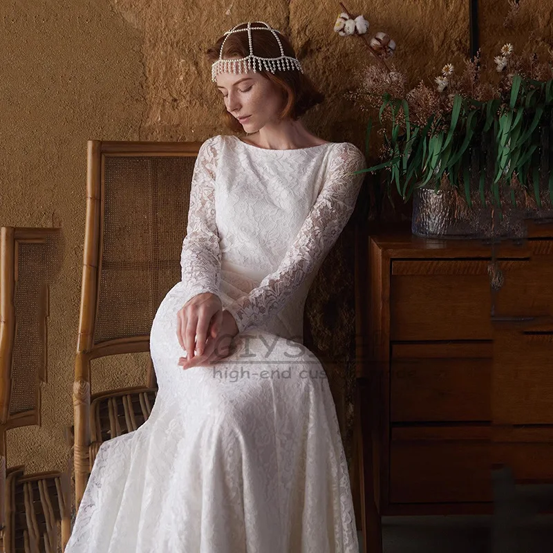 GIYSILE Gaun Pengantin Renda Retro Putih Kustom Gaun Putri Duyung Tali Pinggang Tipis Lengan Panjang Punggung Terbuka Seksi 2025 Mewah