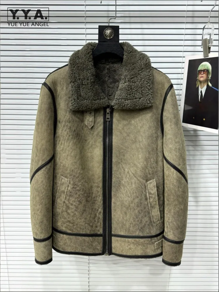 

Мужское мотоциклетное байкерское пальто, зимнее пальто с отложным воротником, теплая шерстяная подкладка, куртка из овчины из натуральной кожи, дубленка, пальто из натурального меха