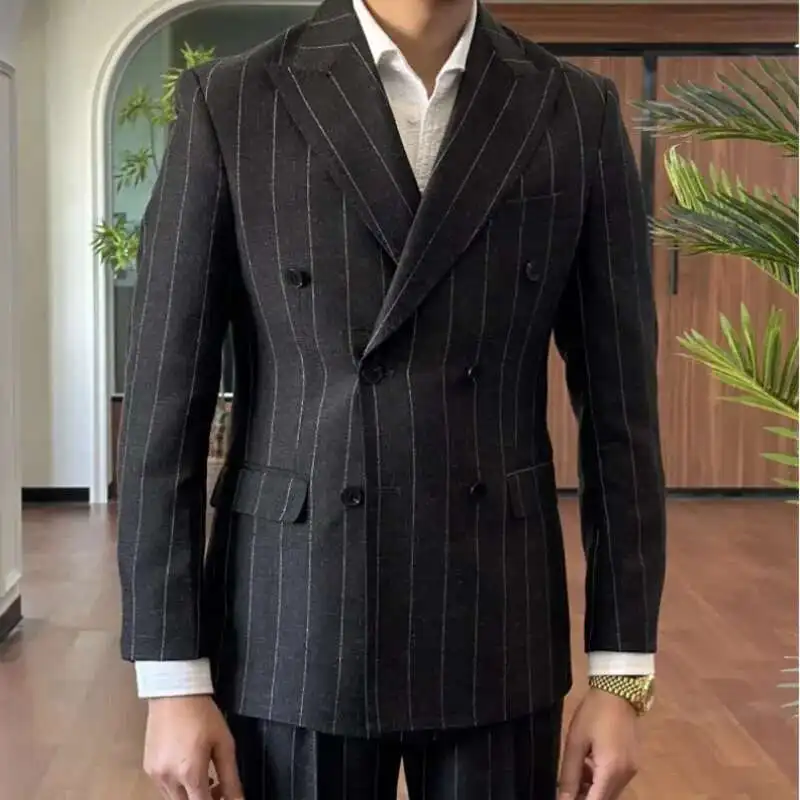 Men Suit Designers Slim Fit Business Casual Striped Double Breasted Suit Set Trend Traje Novio 2025 Men Tuxedo Suit Grooms Suit