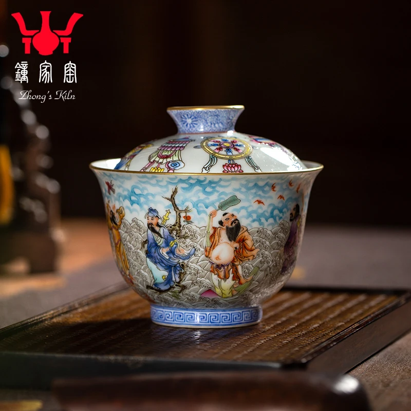 Zhongjia Kiln Tea Cup Jingdezhen Ceramic Ercai Lid Bowl Single High End Enamel Colored Eight Immortals Cross The Sea