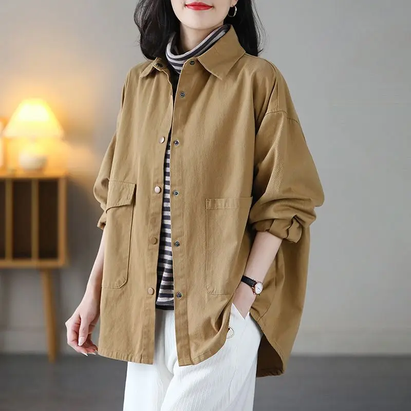 2023 New Spring and Autumn Leisure Sports Simple Solid Color Lapel Panel Pocket Loose Oversized Small European Shirt Coat