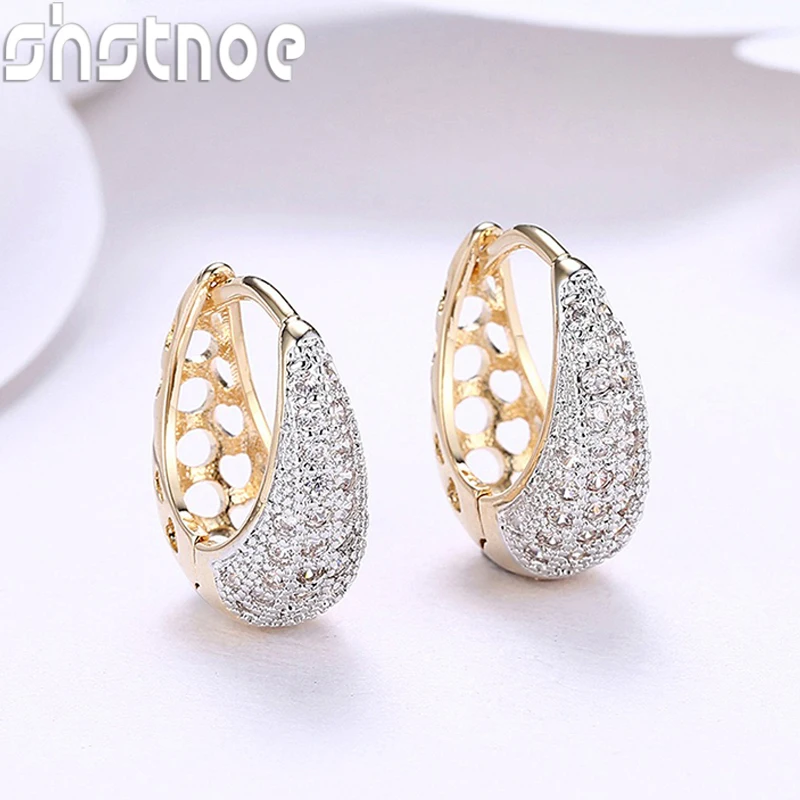 

SHSTONE 925 Sterling Silver 18K Gold AAA Zircon Hollow Clip Earrings For Women Party Birthday Engagement Wedding Fashion Jewelry