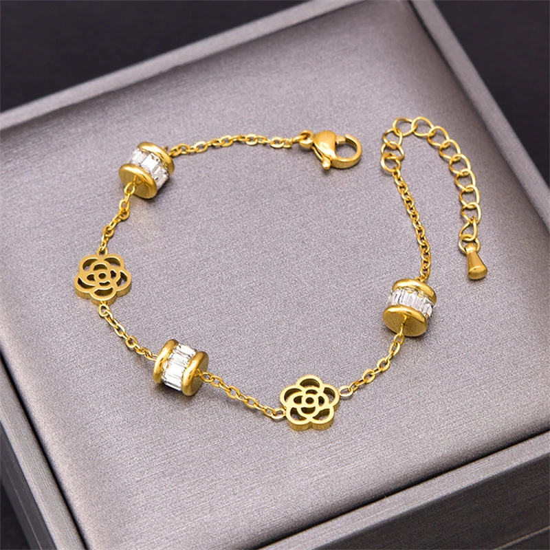 316L Stainless Steel New Fashion Fine Jewelry Zircon Good Luck Beads Welding Rose Flower Charm Chain Bracelets For Women