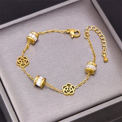 316L Stainless Steel New Fashion Fine Jewelry Zircon Good Luck Beads Welding Rose Flower Charm Chain Bracelets For Women