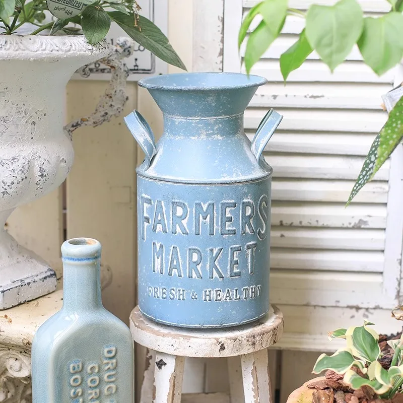 

Retro old milk can vase wrought iron flower pot flower device garden vase flower bucket decorative ornament