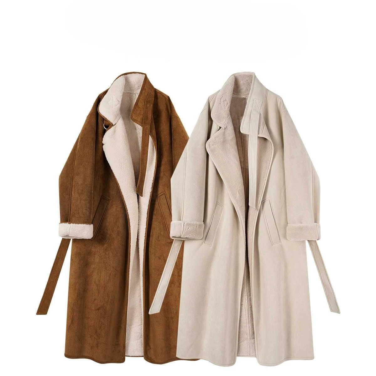 

Women Winter Wool Coat Casual Trench Coat Faux Fur Lined Lamb Fleece Jacket