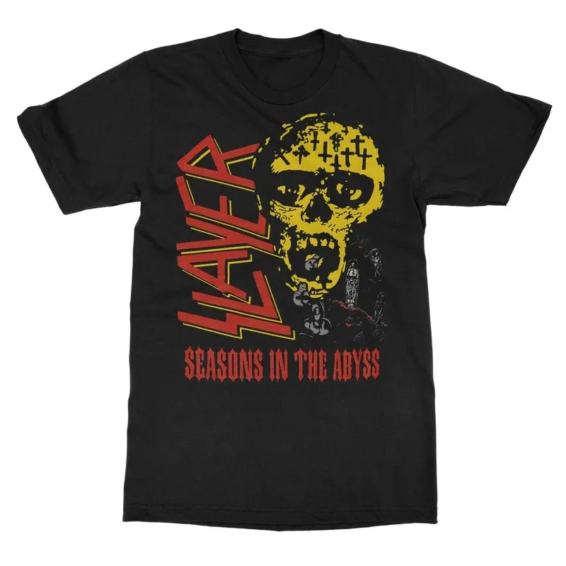 Slayer Seasons in The Abyss Album Graphic Print T‑Shirt, Features Slanted Red Band Logo Weathered Yellow Skull with Cross Marks