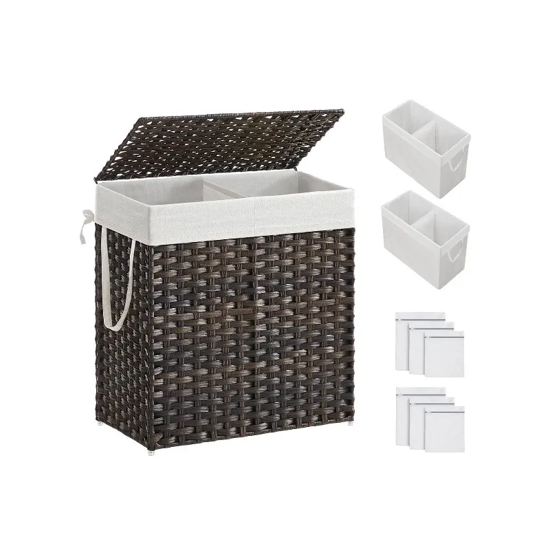 Laundry Hamper With Lid, 110L Clothes Hamper With 2 Removable Liner Bags & 6 Mesh Bags, Wicker Laundry Basket, Double Laundry Hamper For Laundry Room, 13 X 22.4 X 23.6 Inches